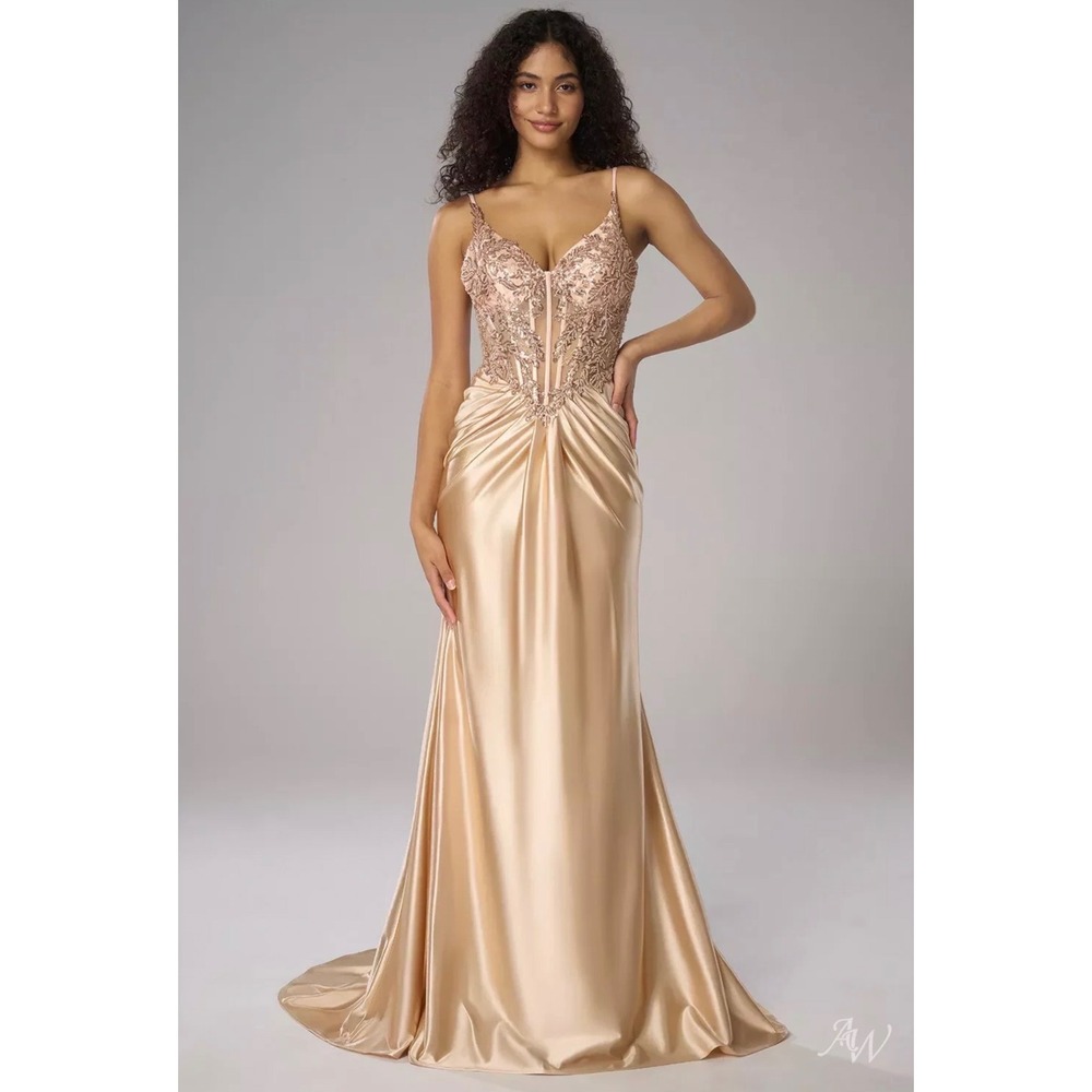 Babaroni Kandee Champagne Sequin Lace Satin Evening Gown Dress US16 BAU2341165
